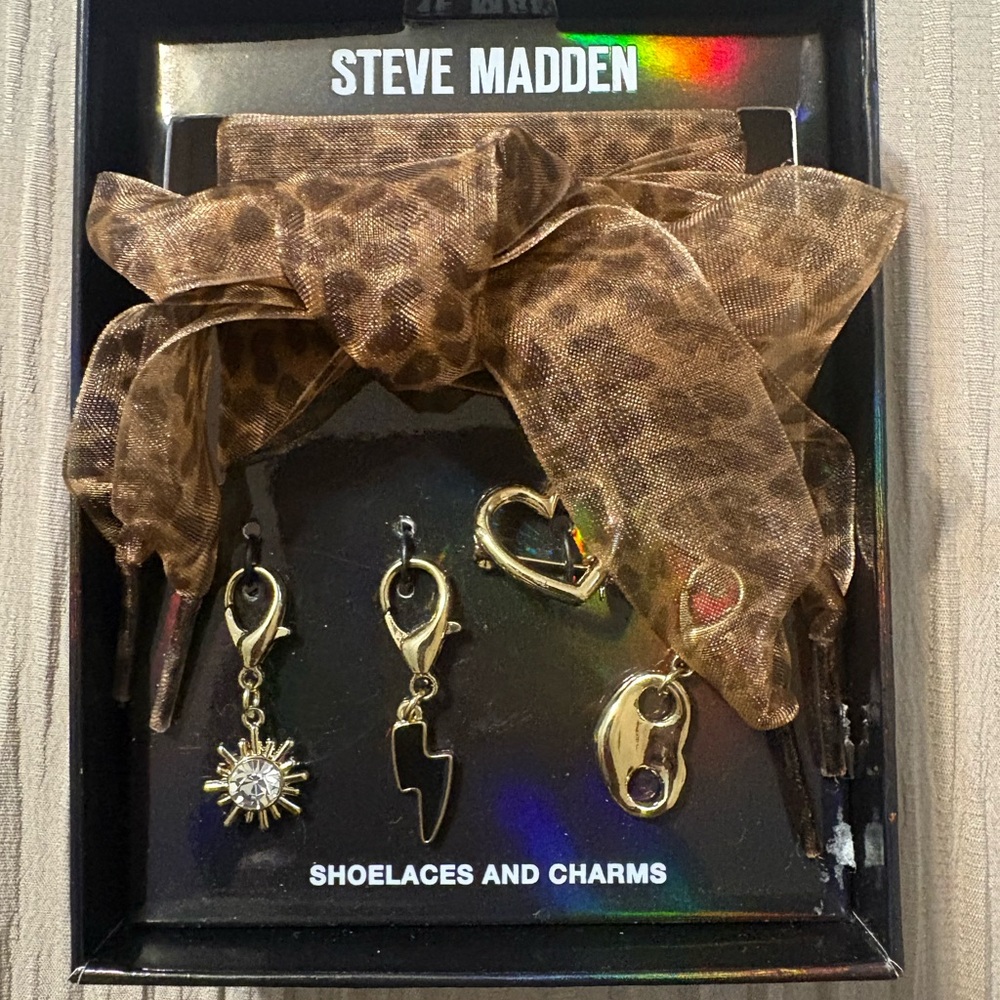 Steve Madden Leopard Print Shoelaces with Gold Charms